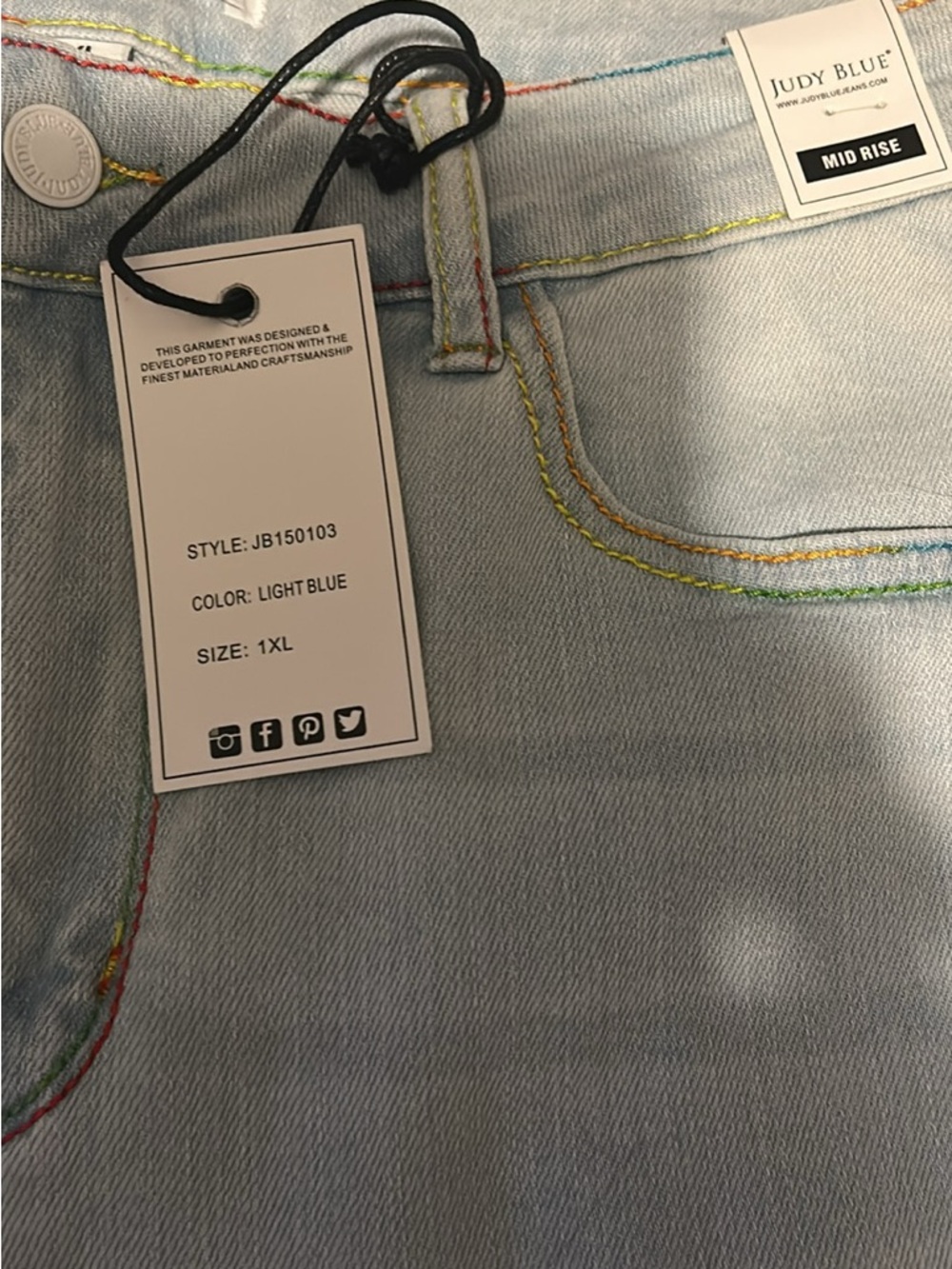 Judy Blue Light Blue Denim Jeans with Rainbow Topstitching